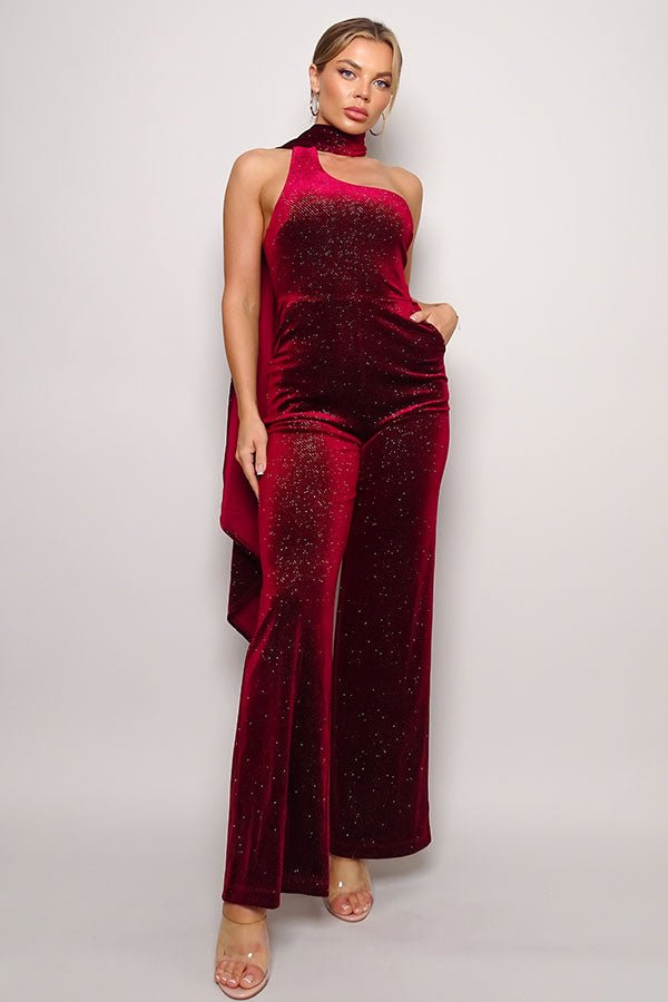 scarf top glitter velvet jumpsuit