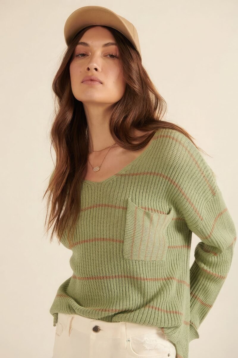 striped rib knit oversized pocket sweater
